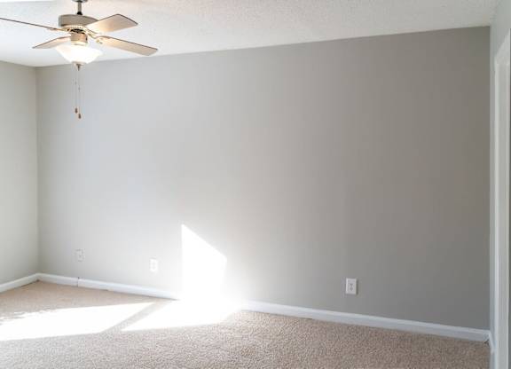 A room with a ceiling fan and sunlight coming through a window.