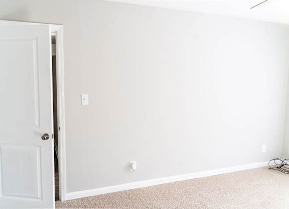 A white door is open to a room with a carpeted floor.