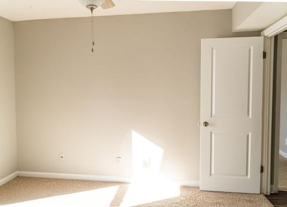A room with a white door and a carpet on the floor.