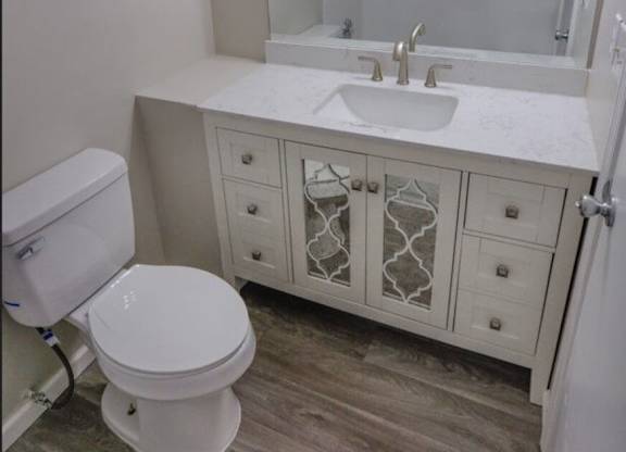 A white toilet sits next to a sink in a bathroom.