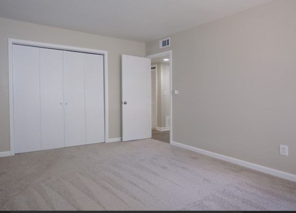 A room with a carpeted floor and two white doors.