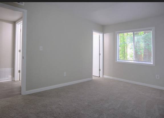 A room with a carpeted floor and a window with blinds.