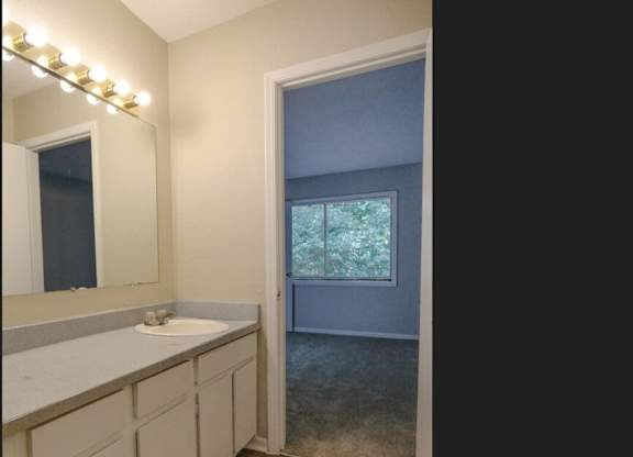 A bathroom with a sink and a mirror.
