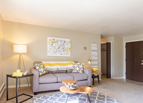 A living room with a grey couch, a coffee table, and a lamp.