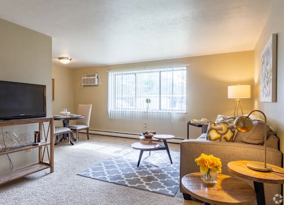 A living room with a grey couch, a wooden coffee table, a television, and a window with blinds.