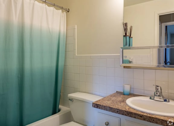 A bathroom with a white toilet, a sink, and a shower curtain.