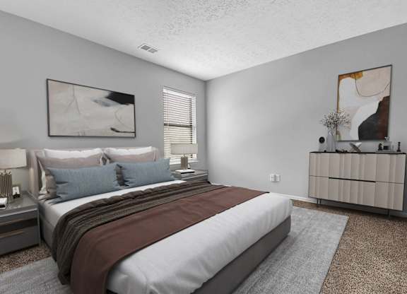 A bedroom with a large bed and a painting on the wall.
