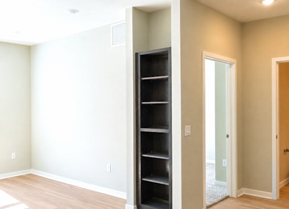 A room with a large closet and a window.