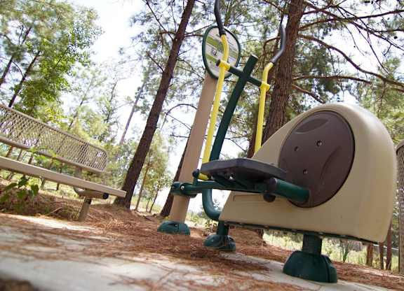 A playground seesaw in a park with trees in the background.