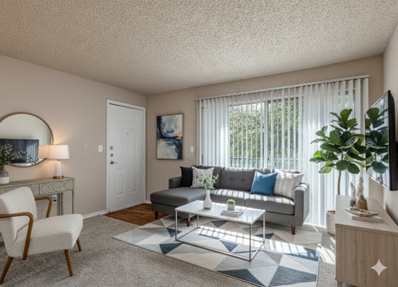 A living room with a grey couch, a white chair, and a coffee table.
