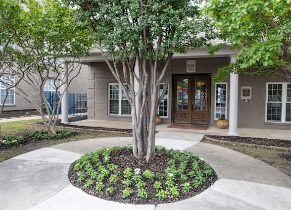 A tree in a circle of plants is in front of a building.
