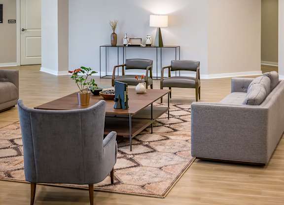A living room with a grey sofa, a grey armchair, a coffee table, and a rug.