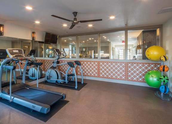 A gym with treadmills, exercise bikes, and a fan.