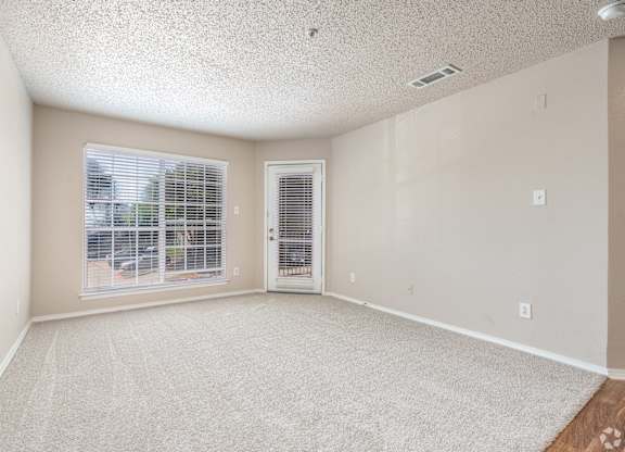 A room with a carpeted floor, a window with blinds, and a door with a window.