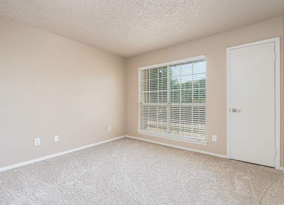 A room with a carpeted floor, a window with blinds, and a white door.