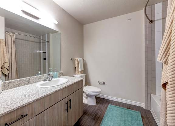 A bathroom with a toilet, sink, and shower.
