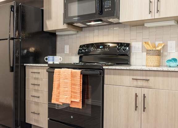 A black refrigerator and oven in a kitchen with wooden cabinets.