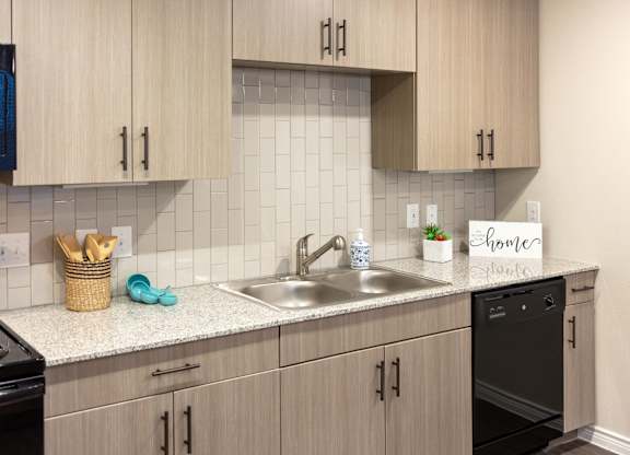A kitchen with a black dishwasher and a white sink.