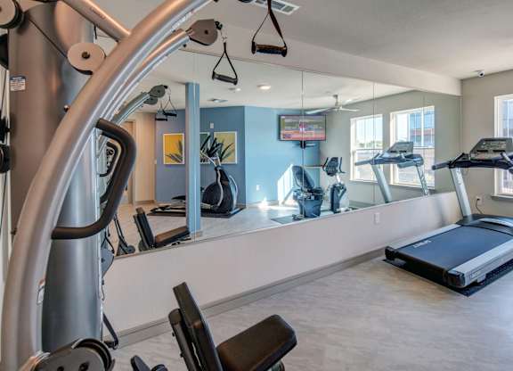 A gym with a treadmill, elliptical machines, and other exercise equipment.