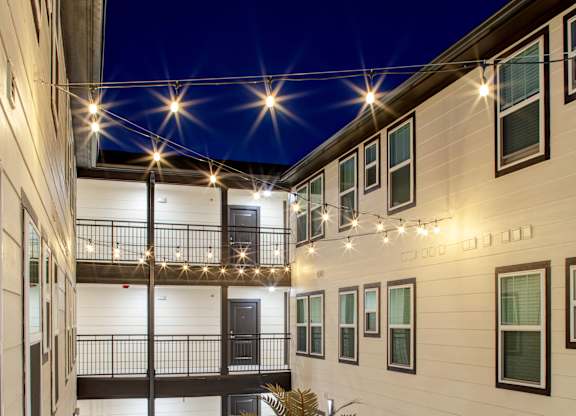 A courtyard with a palm tree and string lights.