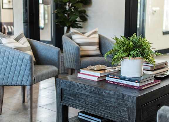 A grey chair with a cushion is placed in front of a table with a potted plant on it.