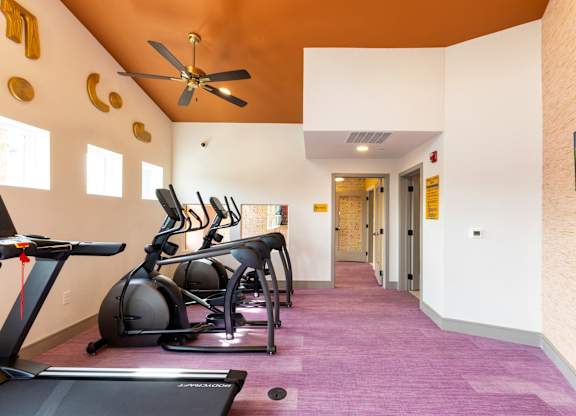 A room with exercise equipment and a ceiling fan.