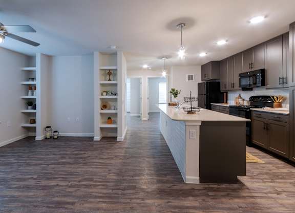A kitchen with a countertop and cabinets.
