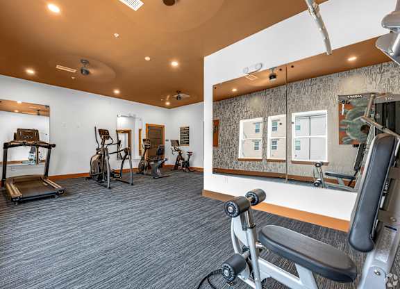 A gym with a variety of equipment including a treadmill, stationary bike, and weight bench.
