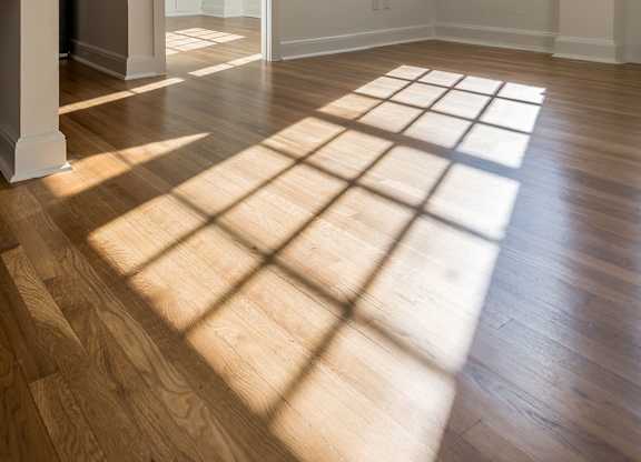 A room with wooden floors and a large window letting in sunlight.