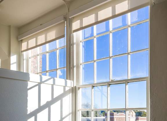 A window with white frame and glass panes.