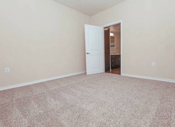 A room with a carpeted floor and a doorway leading to another room.