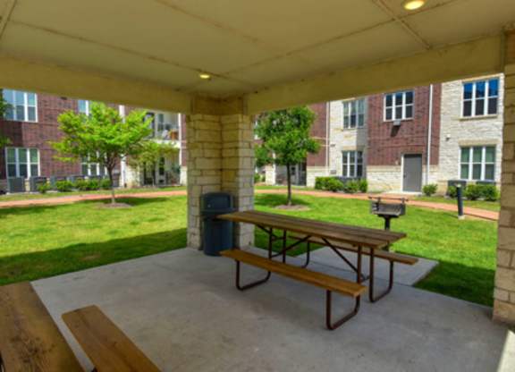 A covered patio with a picnic table and benches.