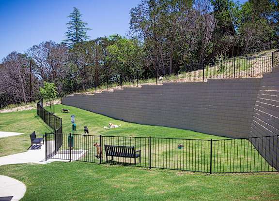 A park with a black fence and a bench.