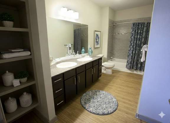 A bathroom with a sink, toilet, and a mirror.