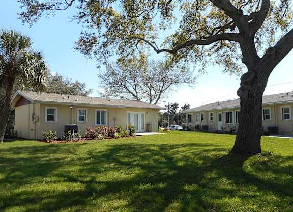 A tree stands in a grassy area in front of a building.