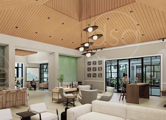 A modern living room with a wooden ceiling and furniture.