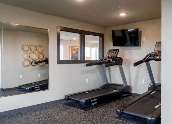 A room with a treadmill and a mirror.