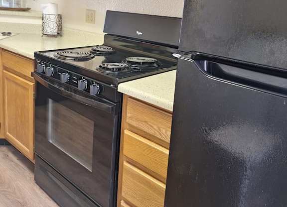A black refrigerator sits next to a black stove in a kitchen.