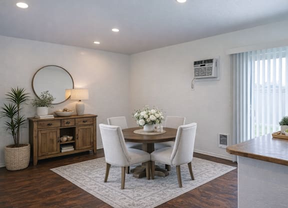 A dining room with a white table and chairs.