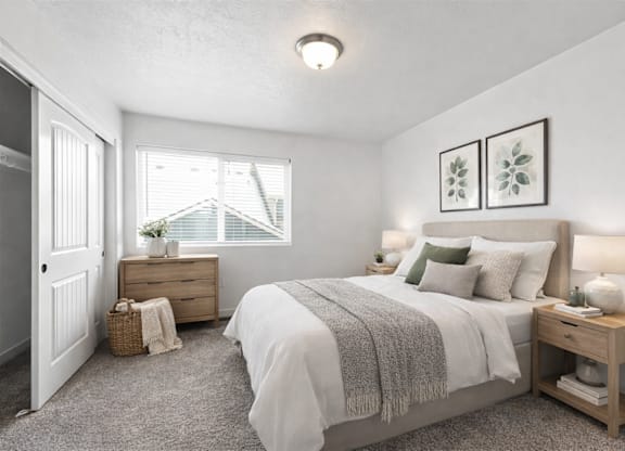 A bedroom with a bed, nightstand, and window.