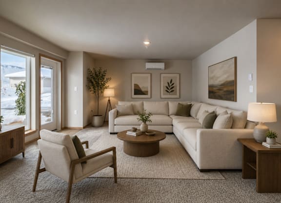 A living room with a white couch, a chair, a coffee table, and a television.