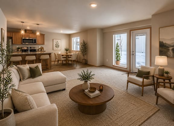 A well-lit living room with a kitchen in the background.