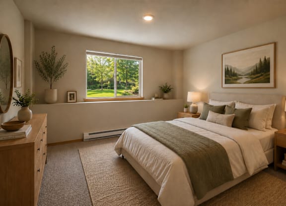 A bedroom with a large bed and a window overlooking a green landscape.