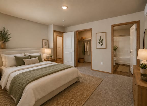 A bedroom with a large bed and a carpeted floor.