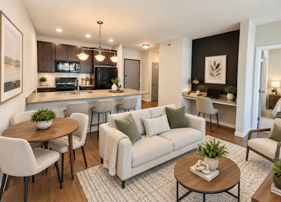A modern living room with a grey couch and a wooden coffee table.