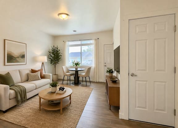 A living room with a couch, coffee table, and a dining table with chairs.
