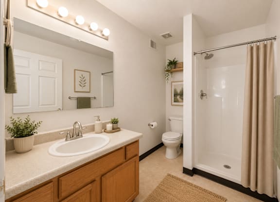 A bathroom with a sink, mirror, toilet, and shower.