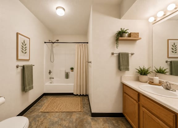 A bathroom with a toilet, sink, and shower.