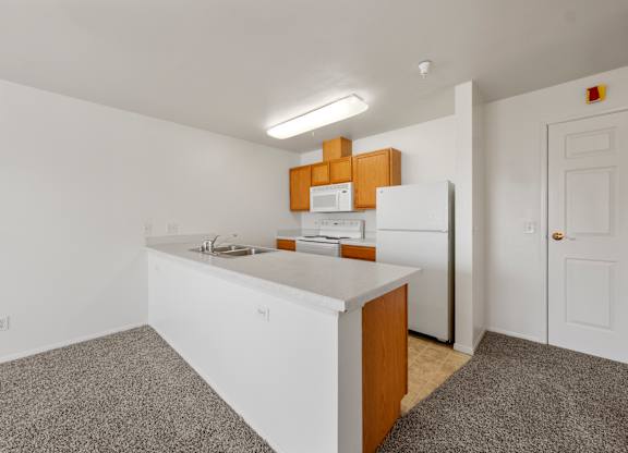 A kitchen with a white counter and a refrigerator.