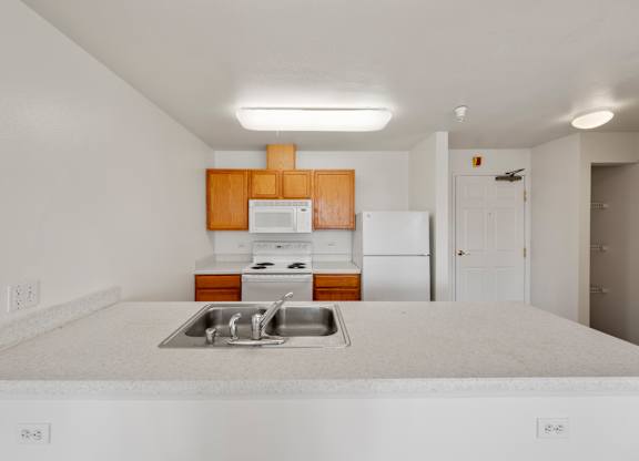 A kitchen with white appliances and a white countertop.